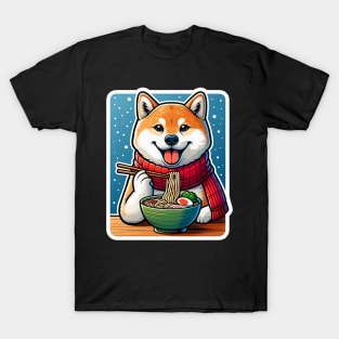 Shiba Inu Eating Ramen Snowing T-Shirt